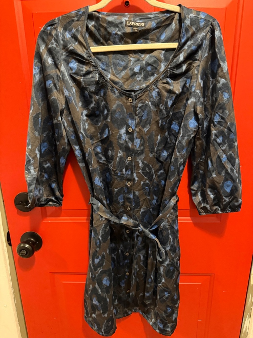 Express Black Dress with Blue Floral Abstract Print and Tie Waist